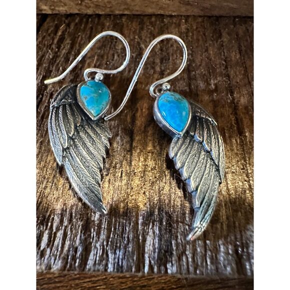 Navajo Eagle Wing Turquoise Earrings in Sterling Silver - Handcrafted Native Am - Picture 6 of 11
